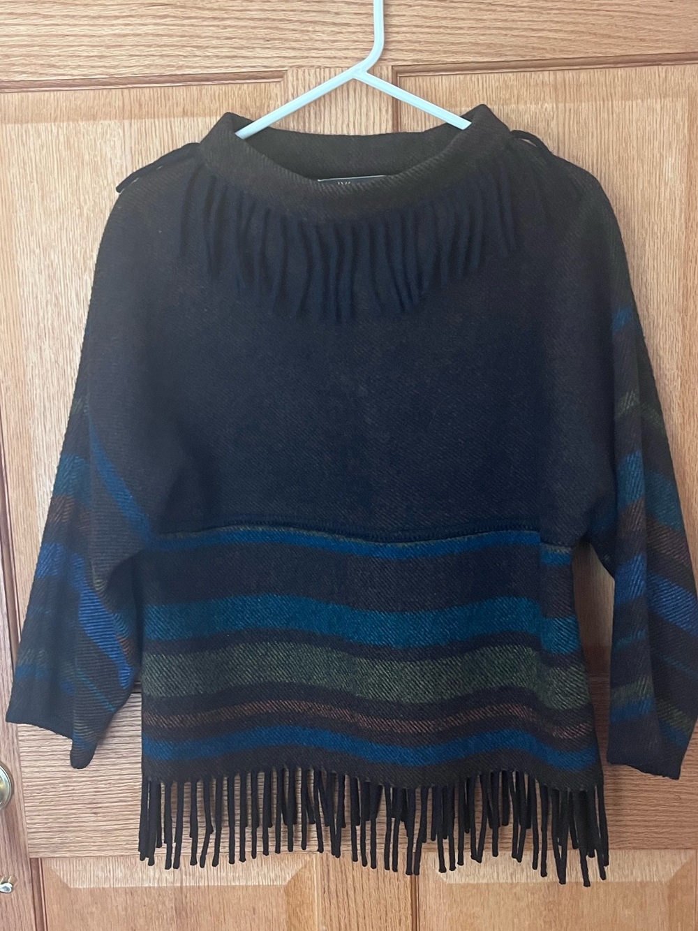 Vintage Lap Lander wool Fringed Black Striped Women's Sweater Poncho